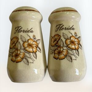 Vtg. Florida Salt & Pepper Shakers W/Original Stoppers Hibiscus Decorated 3.5”H